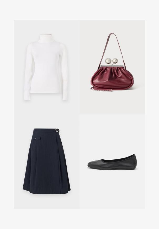 Hvid turtleneck sweater, tætsiddende design, lange ærmer, blød tekstur, glat stof, minimal detaljer, ribbede manchetter og krave.; Marineblå A-formet nederdel med knaplukning på siden, med en forlommer og et glat, let stof med en let glans.; Sort læderballetsko med rund tå, glat tekstur, minimal syning og et fleksibelt såldesign.; Lille bordeaux læderhåndtaske med rynkede detaljer, en tynd rem og en sølvspænde med to store runde knopper.