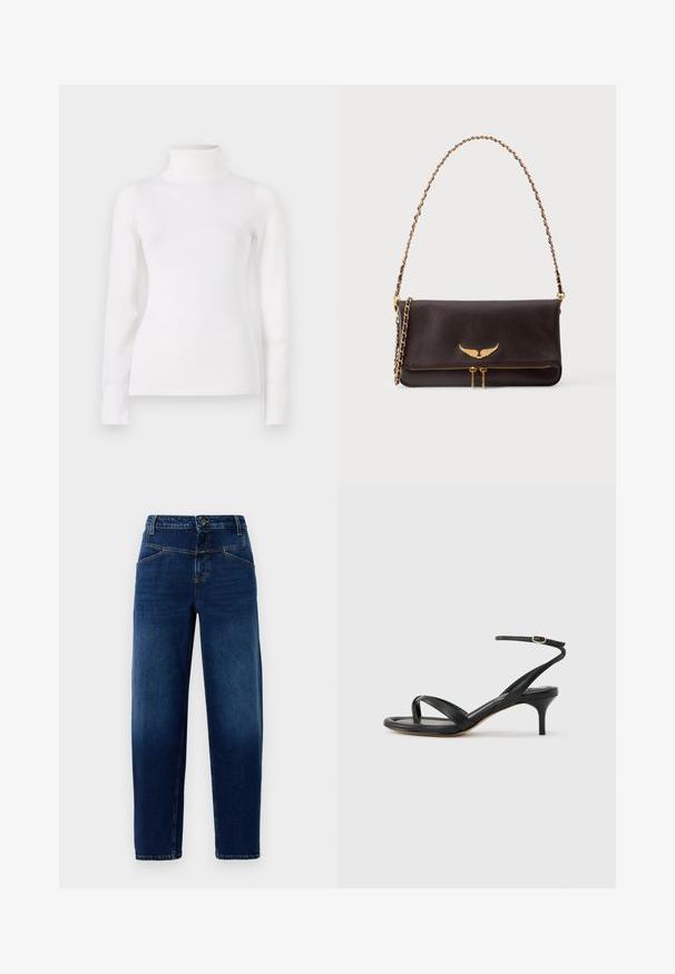 Witte coltrui, aansluitende pasvorm, lange mouwen, zachte textuur, gladde stof, minimale details, ribgebreide boorden en kraag.; Donkerblauwe denim jeans met een rechte pijp, vijf zakken, sluiting met bovenste knoop en oranje stiksels.; Zwarte leren dames sandaal met dunne bandjes, een teengreep, een enkelgesp en een stilettohak van gemiddelde hoogte op een neutrale achtergrond.; Donkerbruine leren schoudertas met gouden kettingband, gouden gevleugeld embleem op de klep en dubbele gouden rits aan de ondervoorzijde.