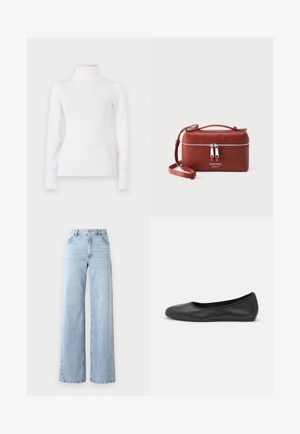 Weißer Rollkragenpullover, körperbetontes Design, lange Ärmel, weicher Stoff, glattes Material, minimale Details, gerippte Bündchen und Kragen.; Weite helle blaue Jeans mit hoher Taille, fünf Taschen und ausgewaschenem Look. Verfügt über gesteppte Details und einen geraden Schnitt am Saum.; Schwarze Leder-Ballettschuhe mit abgerundeter Spitze, glatter Textur, minimalen Nähdetails und einem flexiblen Sohlen-Design.; Kompakte braune Leder-Umhängetasche mit doppeltem silbernem Reißverschluss und verstellbarem Riemen, Emporio Armani-Logo auf der Vorderseite.