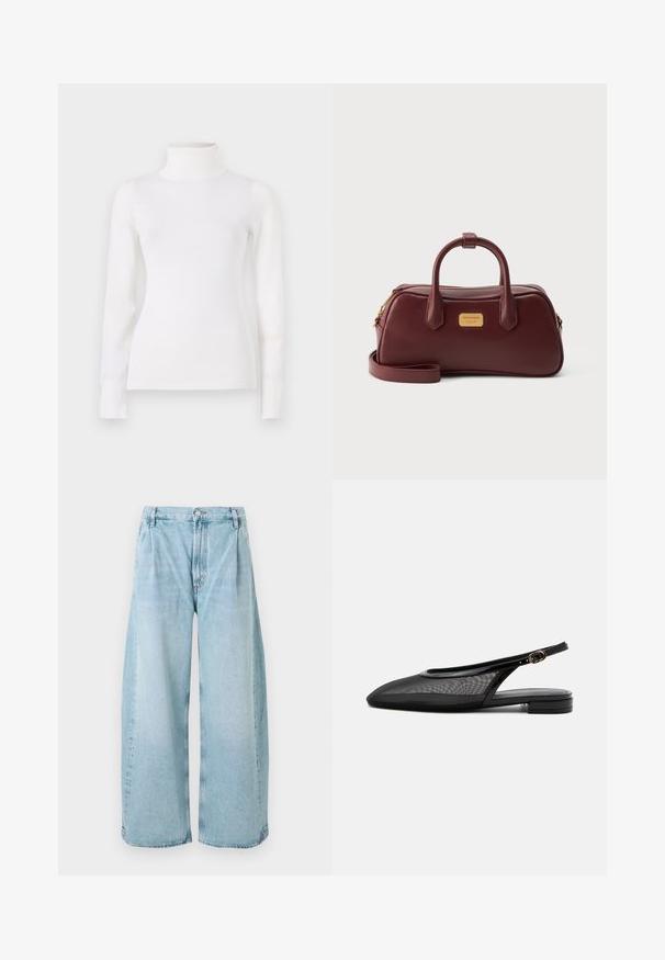 Witte coltrui, aansluitende pasvorm, lange mouwen, zachte textuur, gladde stof, minimale details, ribgebreide boorden en kraag.; Lichtblauwe denimbroek met wijde pijpen, met plooien aan de voorkant, een knoopsluiting en rechte zoom, met een vervaagde textuur doorheen.; Zwarte slingback platte schoen met puntige neus, mesh bovenwerk, verstelbare gespsluiting en lage gestapelde hak op witte achtergrond.; Donkerrode leren handtas met twee handvatten, een afneembare schouderriem, een gouden rits en een klein gouden merkplaatje aan de voorkant.