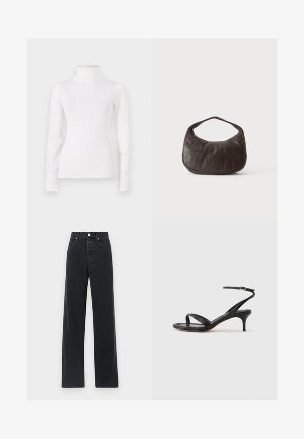 Pull en col roulé blanc, taille ajustée, manches longues, texture douce, tissu lisse, detailing minimal, poignets et col côtelés.; Jean en denim noir avec taille haute, coupe droite, design à cinq poches, coutures visibles et fermeture à bouton en métal.; Sandale pour femme en cuir noir avec fines lanières, une boucle d'orteil, une boucle à la cheville et un talon aiguille de hauteur moyenne sur un fond neutre.; Petit sac à main marron foncé texturé avec une courte bandoulière et un fond arrondi sur un fond clair uni.