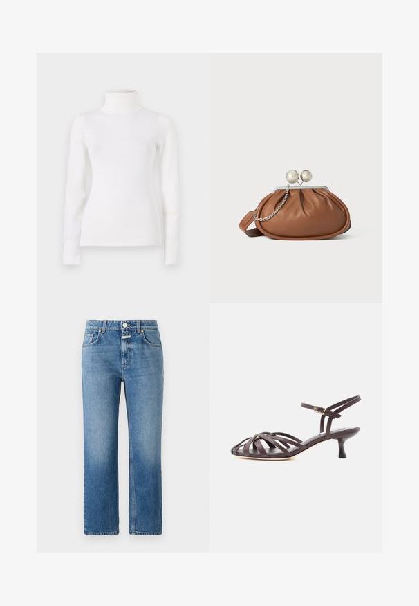 Witte coltrui, aansluitende pasvorm, lange mouwen, zachte textuur, gladde stof, minimale details, ribgebreide boorden en kraag.; CLOSED MILO - Straight leg jeans - mid blue; Donkerbruine leren sandaal met bandjes en kitten heel, verstelbare gesp rond de enkel, op witte achtergrond.; Bruine leren clutch met een zilveren balsluiting en een klein zilveren kettingdetail op een witte achtergrond.