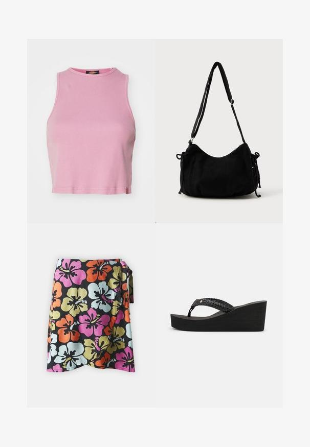 Rosa gerippter Cropped-Top mit rundem Halsausschnitt und ärmellosem Design. Besitzt einen Saum, der knapp über der Taille endet.; Wickelrock mit schwarzem Hintergrund und großen Hibiskusblüten in Orange, Pink, Hellblau und Grün. Aus leichtem Stoff gefertigt.; Schwarze Keilsandalen mit einem gewobenen Riemendesign, das eine strukturierte Oberfläche bietet und eine bequeme Plattform hat. Keine sichtbaren Marken oder Verzierungen.; Schwarze Cordtasche mit geschwungener Form, verstellbarem Schultergurt und Kordelzugverschlüssen an beiden Seiten zur Größenanpassung.