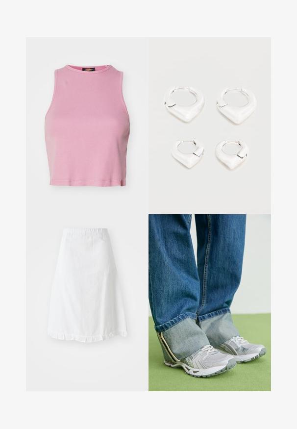 Top corto de canalé rosa con cuello redondo y diseño sin mangas. Presenta un dobladillo que termina justo por encima de la cintura.; Falda blanca con cintura elástica, que presenta un patrón texturizado y un dobladillo con volantes en la parte inferior. Diseño simple en forma de A.; Zapatillas deportivas grises con material de malla y acentos blancos, combinadas con jeans de denim azul que tienen los tobillos remangados.; Dos pares de pendientes de aro plateados y brillantes con un diseño distintivo en forma de V puntiaguda, exhibidos sobre un fondo blanco.