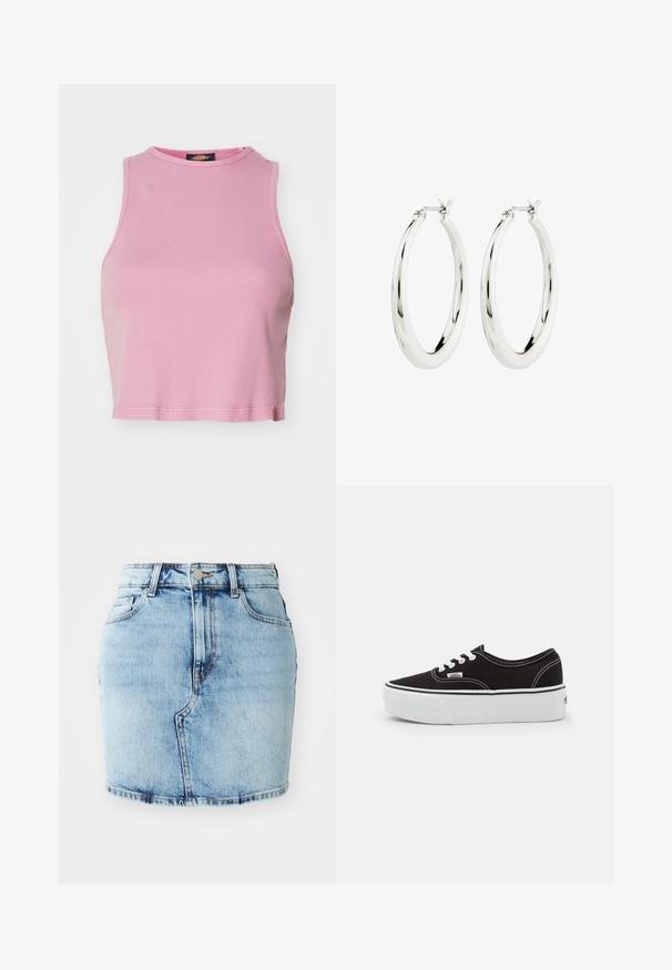 Rosa gerippter Cropped-Top mit rundem Halsausschnitt und ärmellosem Design. Besitzt einen Saum, der knapp über der Taille endet.; Hellblaues Jeansrock mit einer taillierten Form, fünf Taschen, einem Knopf- und Reißverschluss sowie genähten Details am Saum.; Schwarze Leinensneaker mit einer weißen Gummiplattformsohle, weißen Schnürsenkeln und Nähten, ikonischer Markenaufdruck an der Seite, im Low-Top-Design.; Silberne Creolen mit einer glatten, glänzenden Oberfläche. Kreisform, ausgestattet mit einem sicheren Verschluss. Einfaches und elegantes Design.