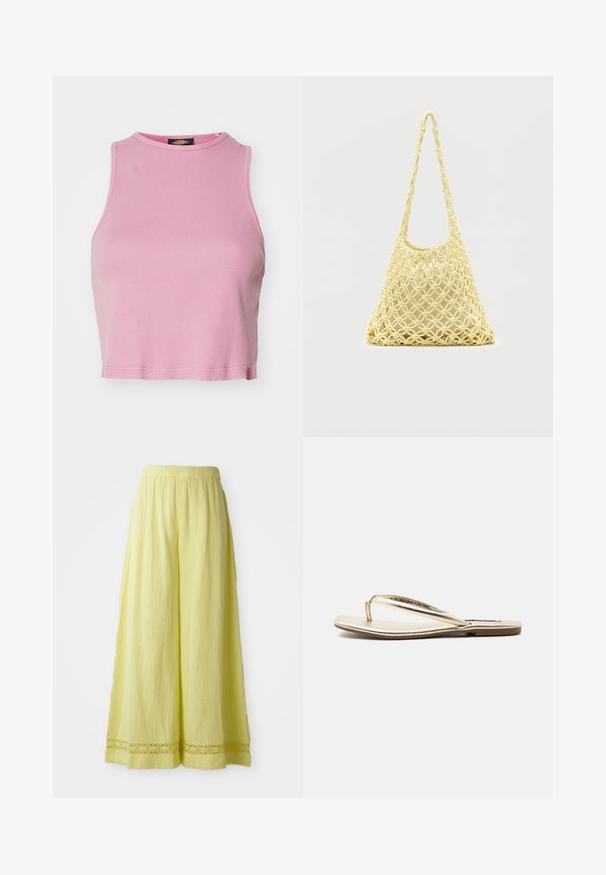 Ροζ ριγέ crop top με στρογγυλή λαιμόκοψη και χωρίς μανίκια. Περιλαμβάνει στρίφωμα που τελειώνει λίγο πάνω από τη μέση.; Κίτρινα παντελόνια με φαρδιά πόδια από υφασμάτινη υφή με ελαστική μέση. Διαθέτει λεπτομέρεια που μοιάζει με πλέξη στο στρίφωμα.; Πλατφόρμα μεταλλικού χρυσού σανδάλι με λεπτή σόλα και απλό λουράκι πάνω από το πόδι σε απλό ανοιχτό φόντο.; Κίτρινη μακραμέ τσάντα δίχτυ με μακρύ λουράκι και μπεζ θήκη εσωτερικά, παρουσιάζεται σε απλό λευκό φόντο.