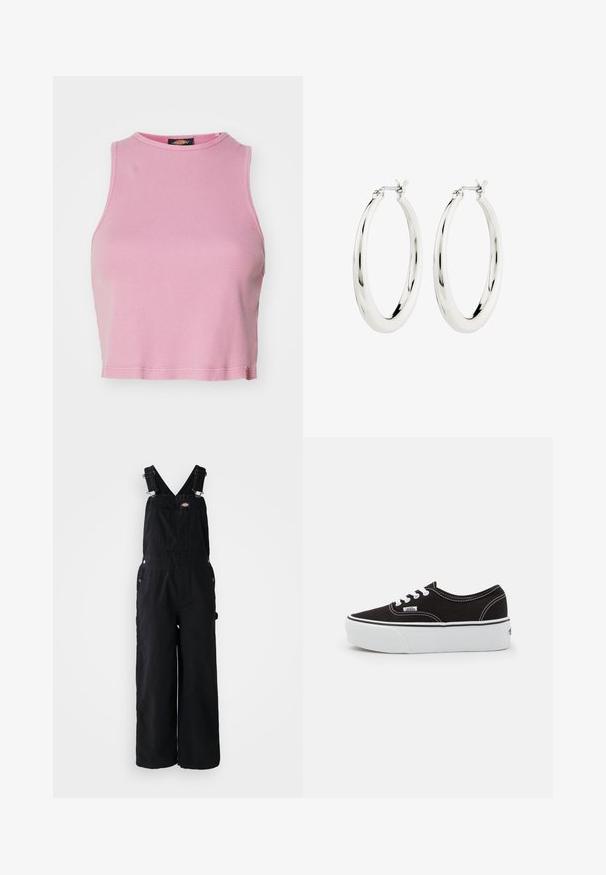 Rosa ribbet crop top med rund halsudskæring og ærmeløs design. Har en kant, der slutter lige over taljen.; Sorte denim overalls med brede ben, justerbare skulderstropper, lomme foran og sølv hardware detaljer. Glat tekstur, minimalistisk design.; Sort lærred sneakers med en hvid gummi platform sål, der har hvide snørebånd og syninger, ikonisk branding på siden, lav-top design.; Sølvøreringe i form af hoops med en glat, blank finish. Cirkulær form, der har en sikker lås. Simpelt og elegant design.