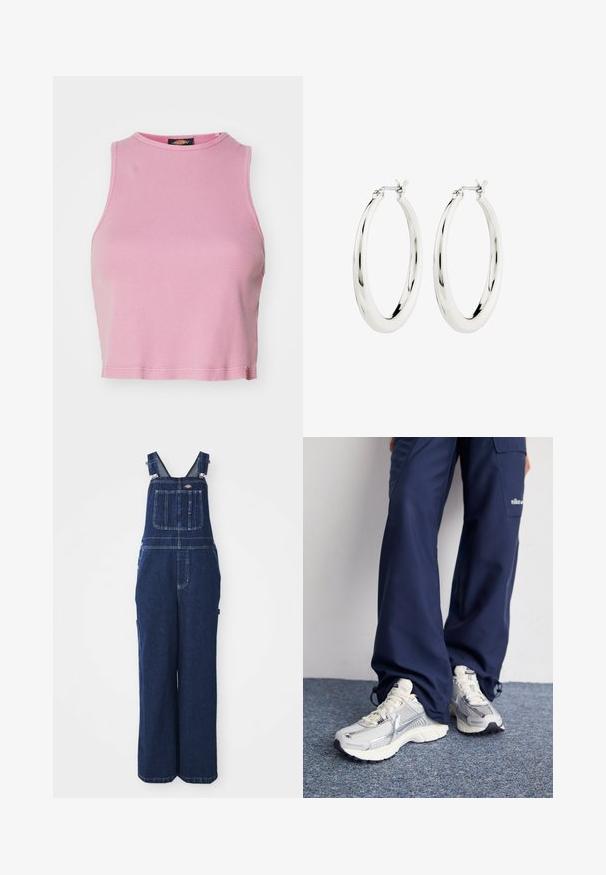 Ružový rebrovaný crop top s okrúhlym výstrihom a bezrukávovým dizajnom. Má lemovanie končiace tesne nad pásom.; Džínové kombinézy v tmavomodrej farbe s nastaviteľnými ramienkami, prednou vreckom, bočnými vreckami a voľným, širokým strihom nohavíc. Klasické detaily prešívania.; Športové topánky Nike s strieborným sieťovaným zvrškom, bielymi detailmi a textúrovanými podrážkami, skombinované s voľnými námorníckymi nohavicami.; Strieborné kruhové náušnice s hladkým, lesklým povrchom. Obľúbený tvar, vybavené bezpečným zapínaním. Jednoduchý a elegantný dizajn.