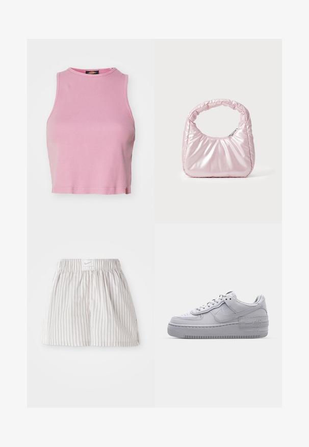Rosa ribbet crop top med rund halsudskæring og ærmeløs design. Har en kant, der slutter lige over taljen.; Lys grå stribede shorts lavet af blødt stof. Har en elastisk talje med et Nike-logo mærke i midten.; Grå Nike Air Force 1 sneakers med perforeret tå, glat læderoverdel, tyk sål og præget 'AIR' detalje på hælen.; Rosa, polstret håndtaske med afrundet design, lavet af skinnende materiale. Har et samlet håndtag og en lynlås til sikker adgang.