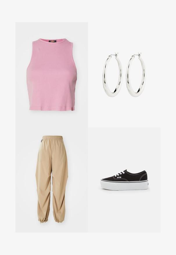 Ružový rebrovaný crop top s okrúhlym výstrihom a bezrukávovým dizajnom. Má lemovanie končiace tesne nad pásom.; Bežové ľahké nohavice s elastickým pásom, zúženými manžetami a hladkou textúrou, s voľným strihom a bez viditeľných vzorov alebo ozdôb.; Čierne plátenné tenisky s bielou gumovou platformou, s bielymi šnúrkami a stehmi, ikonickým logom na boku, nízkoprofilový dizajn.; Strieborné kruhové náušnice s hladkým, lesklým povrchom. Obľúbený tvar, vybavené bezpečným zapínaním. Jednoduchý a elegantný dizajn.