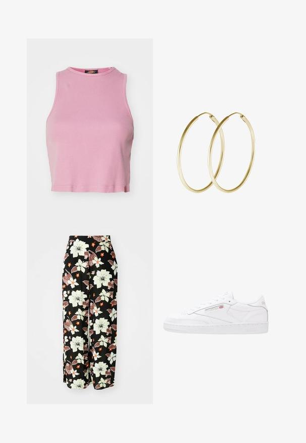 Ružový rebrovaný crop top s okrúhlym výstrihom a bezrukávovým dizajnom. Má lemovanie končiace tesne nad pásom.; Čierne kvetinové nohavice s veľkými bielymi, oranžovými a hnedými kvetmi, vo voľnom, širokom strihu a z jemnej, ľahkej tkaniny.; Biele kožené tenisky s nízkym strihom, šnurovací uzáver, štruktúrované bočné panely a embosované logo Reebok. Gumová podrážka.; Zlaté kruhové náušnice s hladkým, zaobleným dizajnom a lesklým povrchom. Ľahká konštrukcia s bezpečným zapínaním.