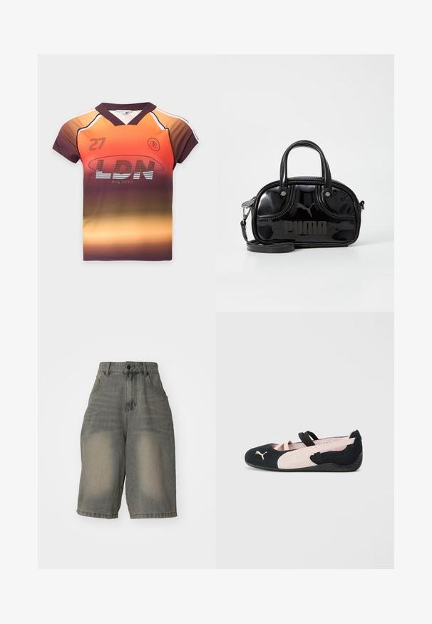 Lühikeste varrukatega spordisärk V-kaelusega, oranži, pruuni ja kollase tooni gradientvärvusega, millel on number "LDN," 27 ja logodetailid.; Jaded London LIGHT WASH JUMBO JORTS - Lühikesed teksad - light wash; Must musta ja hele roosa nubuckist korterid kummist tallaga, elastsed rihmad, ümar nina ning tekstureeritud kummitald, mille esiosas on väike logo.; Must mustaga nahk käekott, millel on kaks ülemist sangad, eemaldatav õlavarre rihm, ümar kuju ning silmapaistvalt reljeefne "PUMA" logo.