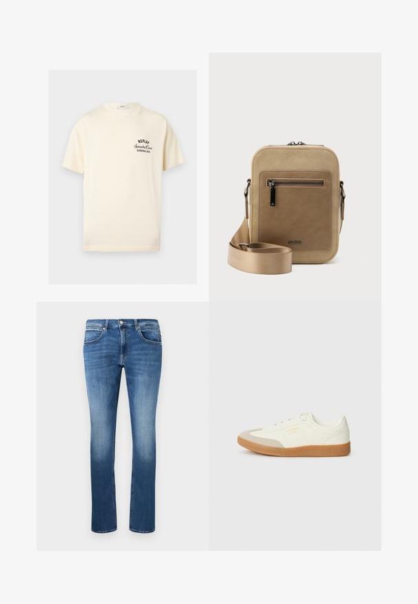 Crèmekleurig T-shirt met korte mouwen met zwarte tekst "REPLAY Squadra Corse ADRENALINA" op de linkerborst en een ronde halslijn.; Blauwe denim jeans met een rechte snit, voorzien van lichte vervaging, vijf zakken en een knoop-en-rits sluiting. Genaaide details langs de naden.; Schoen gemaakt van wit leer met een beige teenkap en een lichtbruine rubberen zool. Voorzien van platte witte veters en reliëfbranding aan de zijkant.; Kleine beige crossbodytas met een voorvak met ritssluiting, metalen ALDO-logo, verstelbare brede band en afgeronde rechthoekige vorm op een witte achtergrond.