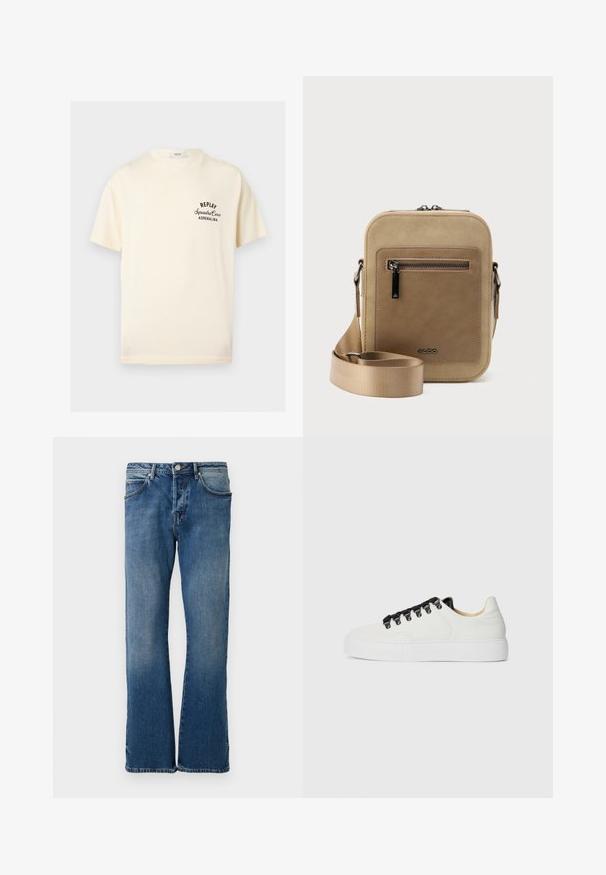 Kremfarvet T-shirt med korte ærmer med sort tekst "REPLAY Squadra Corse ADRENALINA" på venstre bryst og rund halsudskæring.; Lyseblå denimjeans med lige ben-design, der har fem lommer, en knap-lukning og diskret falmning på stoffet.; Hvide lavtop sneakers med tyk sål, sorte snørebåndskroge, sorte snørebånd og beige indvendig foring på en almindelig hvid baggrund.; Lille beige crossbody-taske med lynlåslomme foran, metal ALDO-logo, justerbar bred rem og rundet rektangulær form på hvid baggrund.