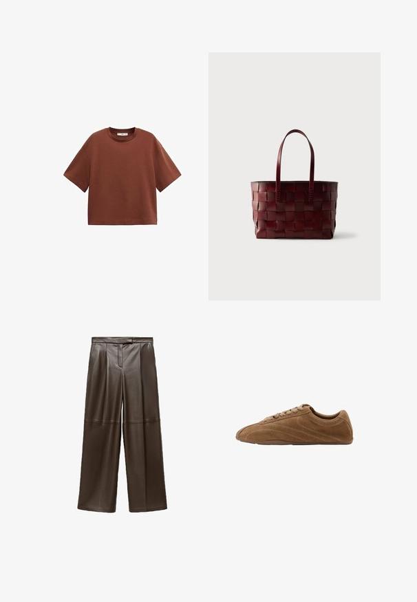 Brun kortærmet t-shirt med rund hals, løs pasform og lige kant, vist på en hvid baggrund.; Brune læder brede bukser med en glat tekstur, der har folder foran og et klassisk taljebånddesign.; Brun ruskind lavsko sneaker med snørebåndlås og tynd gummisål, vist fra siden på en hvid baggrund.; Flettet mørkebrun lædertaske med to skulderstropper, sat mod en ensfarvet lys baggrund.