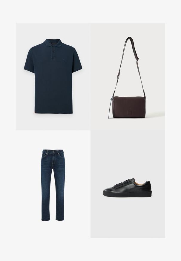 Polo de manga corta azul marino con cuello, tapeta de dos botones y pequeño logo bordado en el pecho izquierdo.; WE Fashion BLUE RIDGE - Vaqueros rectos - dark blue; Zapatilla negra de cuero con una textura suave, puntera redonda y cierre de cordones. Presenta una suela de goma gruesa y un detalle de marca mínimo.; Bolso bandolera de cuero marrón oscuro con textura, correa ajustable y pequeño adorno decorativo azul en el lateral.