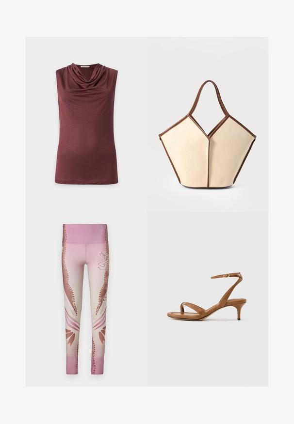 Top sin mangas de color malva oscuro con escote drapeado en forma de capucha, hecho de tela lisa y ligera, mostrado sobre un fondo liso y claro.; Leggings rosas con un diseño degradado de claro a oscuro, con patrones florales y acentos decorativos en los laterales. Textura suave.; Sandalia de cuero marrón con tiras, tacón bajo de estilo kitten y una correa en el tobillo con una pequeña hebilla, mostrada de lado sobre un fondo liso.; Bolsa de lona con cuerpo color crema y detalles en cuero marrón. El diseño presenta una abertura en forma de V única y dos asas curvas.