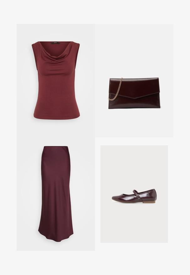 Burgundi värvi ilma varrukateta tops, millel on langev kaelus, sobib keha kuju järgi, valmistatud pehmest materjalist, millel on sile ja ühtlane tekstuur. Ilma mustrite või detailideta.; Burgundi satiinist maxi-seelik sujuva tekstuuriga ja kehakujulise disainiga, sirge siluetiga ning õrna voltimisega vöökohtadel.; Sädelevalt tumepunane Mary Jane tasane king, külgkinnitusega pandlaga ja madala beežika tallaga, näidatud vasakult küljelt valgel taustal.; Tume burgundia nahast käekotis on ümbrikukujuline disain. Omab kuldse ketiga rihma, sileda tekstuuri ja teravat klappi.