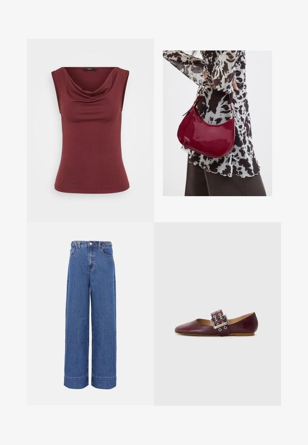 Burgundi värvi ilma varrukateta tops, millel on langev kaelus, sobib keha kuju järgi, valmistatud pehmest materjalist, millel on sile ja ühtlane tekstuur. Ilma mustrite või detailideta.; Laiade säärega sinised teksapüksid punutud vöökohaga, ees nupuga ja taskutega, esitatud ühevärvsel taustal.; Burgundi nahkased lihtjalatsid terava varbaga, laia rihmaga, millel on hõbe nööp ja mitmed augud, lame talla ja siledat tekstuuri.; Naine, kes kannab must-valget mustriga pluusi ja hoiab läikivat punast õlakotti ühevärvilise tausta ees.