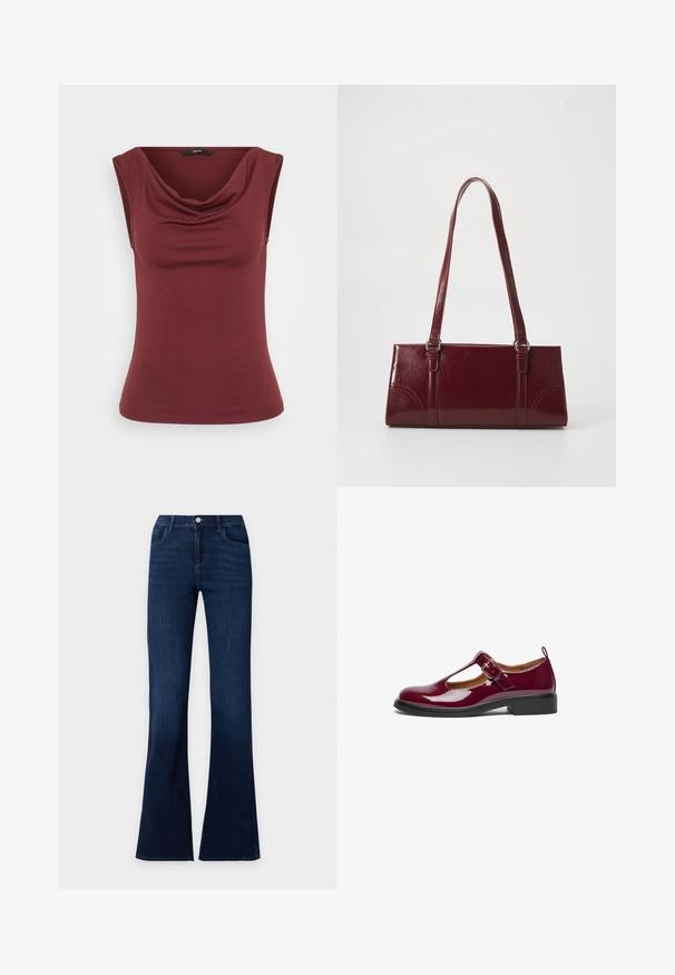Haut sans manches bordeaux avec un décolleté drapé, de forme ajustée, fabriqué en matériau doux, présentant une texture lisse et uniforme. Aucun motif ni accent.; Jean en denim bleu foncé avec jambes évasées, poches avant et fermeture à bouton à la taille.; Chaussure Mary Jane en cuir verni bourgogne avec un bout arrondi, une bride T, une boucle ajustable et un petit talon carré. Texture lisse et design simple.; Sac à main bordeaux en matériau brillant, de forme rectangulaire, avec deux anses et des accents légèrement courbés à l'avant.