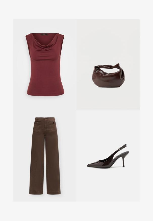 Bordeaux mouwloos topje met een gedrapeerde halslijn, aansluitende pasvorm, gemaakt van zachte stof, met een gladde, egale textuur. Geen patronen of accenten.; Bruine wijde broek met hoge taille en twee voorzakken met klep, afgesloten met knopen op een effen achtergrond.; Slingback hoge hak schoen in glanzend donkerbruin patentleer, puntige neus, open zijkanten en verstelbare enkelband.; Donkerbruine leren schoudertas met een zachte, slungelige vorm en een gedraaide knoopvormige handgreep op een effen witte achtergrond.