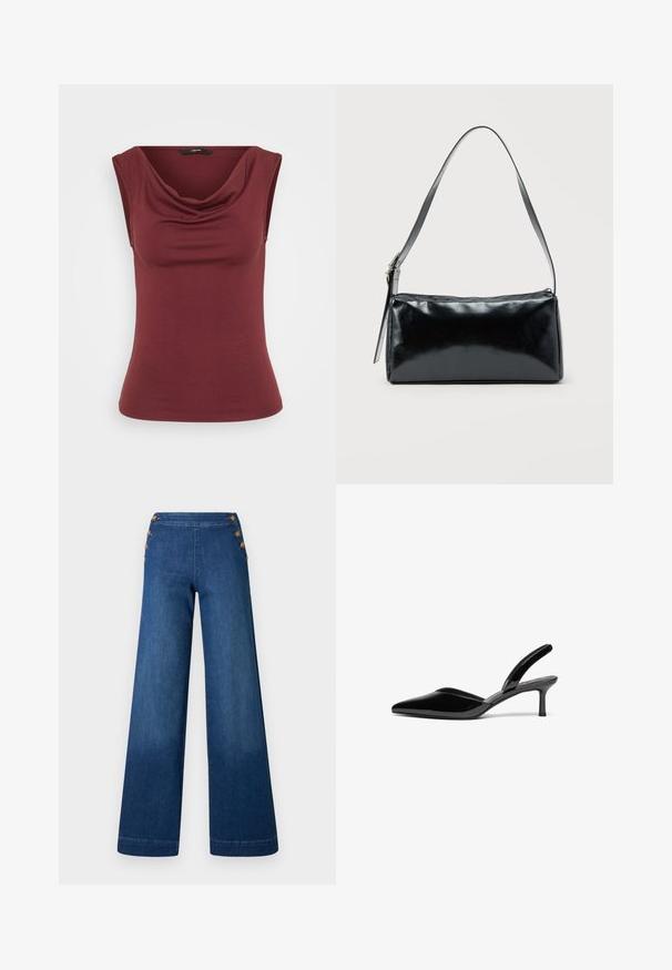 Bordeauxfarvet ærmeløs top med draperet halsudskædning, tætsiddende pasform, lavet af blødt materiale, med glat, jævnt tekstur. Ingen mønstre eller detaljer.; Denimbukser med vidde i benene i mørkeblå. Har en flad front med fem knapper i gylden tone til lukning. Glat tekstur med en klassisk finish.; Sorte patentlæder slingback hæle med spids tå, lav stiletto hæl og et elegant, enkelt design uden pynt.; Sort rektangulær skuldertaske med en enkelt justerbar rem og lynlås i toppen på en ensfarvet baggrund.
