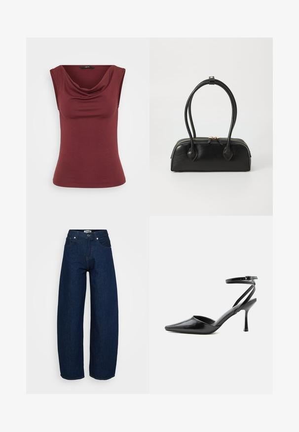 Bordeaux mouwloos topje met een gedrapeerde halslijn, aansluitende pasvorm, gemaakt van zachte stof, met een gladde, egale textuur. Geen patronen of accenten.; Wijdvallende jeans van donkerblauw denim. Voorzien van knoopsluiting, vijf zakken en zichtbare stiknaden. Gladde textuur met een relaxte pasvorm.; Zwarte pumps met puntige neus, dunne enkelbandjes en een zilveren gesp op een effen lichte achtergrond.; Zwarte leren handtas met twee verlengde handvatten, ritsluiting en ronde vorm; gladde textuur met subtiele glanzende afwerking.