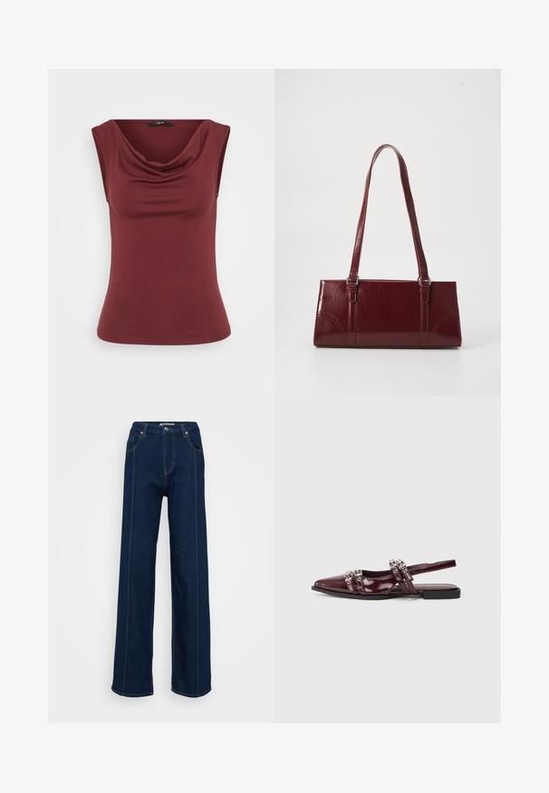 Bordeauxfarbener ärmelloser Oberteil mit einem drapierten Ausschnitt, enganliegender Form, aus weichem Material, mit glatter, gleichmäßiger Textur. Keine Muster oder Accents.; Dunkelblaue High-Waist weit geschnittene Jeans mit vorderen Taschen, Gürtelschlaufen und kontrastierenden Nähten auf einem schlichten hellen Hintergrund.; Bordeauxfarbene Lackleder Slingback-Ballerina mit spitzer Zehenpartie, ausgestattet mit dekorativen Riemen in metallischen Akzenten.; Burgunderfarbene Handtasche aus glänzendem Material, rechteckige Form, mit zwei Schulterriemen und subtilen, geschwungenen Akzenten an der Vorderseite.
