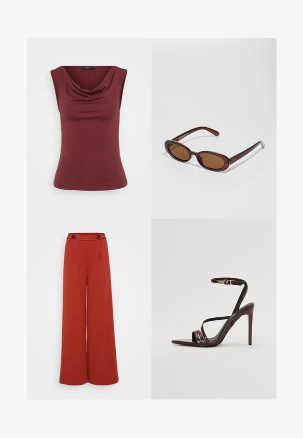 Haut sans manches bordeaux avec un décolleté drapé, de forme ajustée, fabriqué en matériau doux, présentant une texture lisse et uniforme. Aucun motif ni accent.; Pantalon large taille haute couleur rouille avec deux boutons foncés à la taille sur fond blanc.; Sandale à talons hauts en cuir verni bourgogne avec une bride de cheville, bout pointu et trois bandes horizontales sur le pied. Détail de boucle dorée.; Lunettes de soleil rondes teinte brun avec une monture bordeaux brillante. Branches fines avec un détail de marque subtil. Design de verres plats.