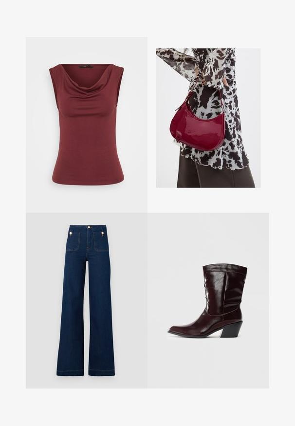 Bordeauxfarvet ærmeløs top med draperet halsudskædning, tætsiddende pasform, lavet af blødt materiale, med glat, jævnt tekstur. Ingen mønstre eller detaljer.; Mørkeblå vidde jeans med høj talje, guldknap-detaljer, to for- og baglommer samt kontrastsyede detaljer. Tekstureret denim stof.; Bordeaux læder ankelstøvler med spids tå, tekstureret overflade og en lav, taperet hæl. Har diskrete søm og en tætsiddende pasform.; Kvinde iført en sort- og hvidmønstret bluse, der holder en blank rød skuldertaske mod en ensfarvet baggrund.