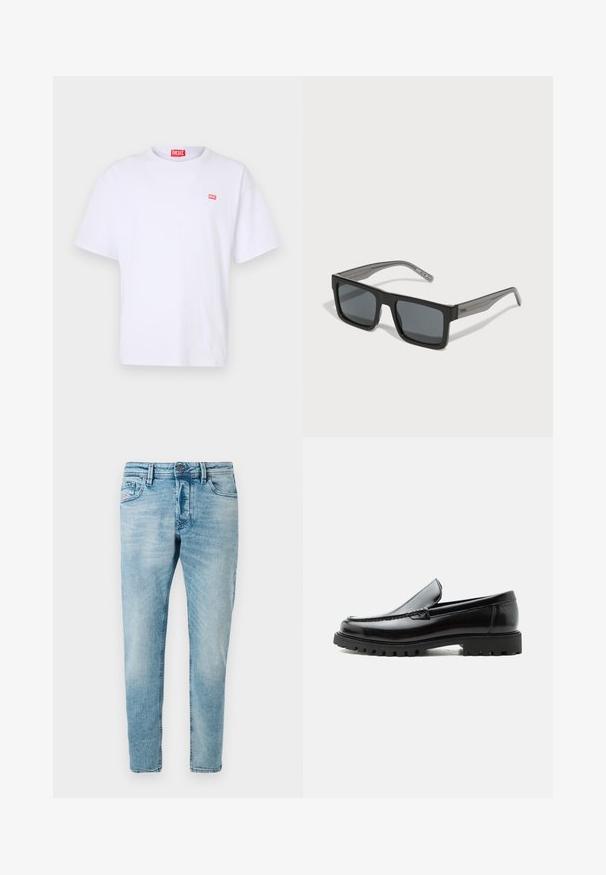 Weißes Baumwoll-T-Shirt mit kurzen Ärmeln, Rundhalsausschnitt und einem kleinen roten rechteckigen Diesel-Logo auf der linken Brust.; Helle blaue Denim-Jeans im Slim-Fit mit Fronttaschen und Knopfverschluss. Der Stoff hat eine weiche, strukturierte Oberfläche.; Schwarzer Lederloafer mit grober Gummisohle, genähter Oberseite und geprägtem Markennamen an der Ferse, seitlich auf weißem Hintergrund gezeigt.; HUGO Sonnenbrille - black