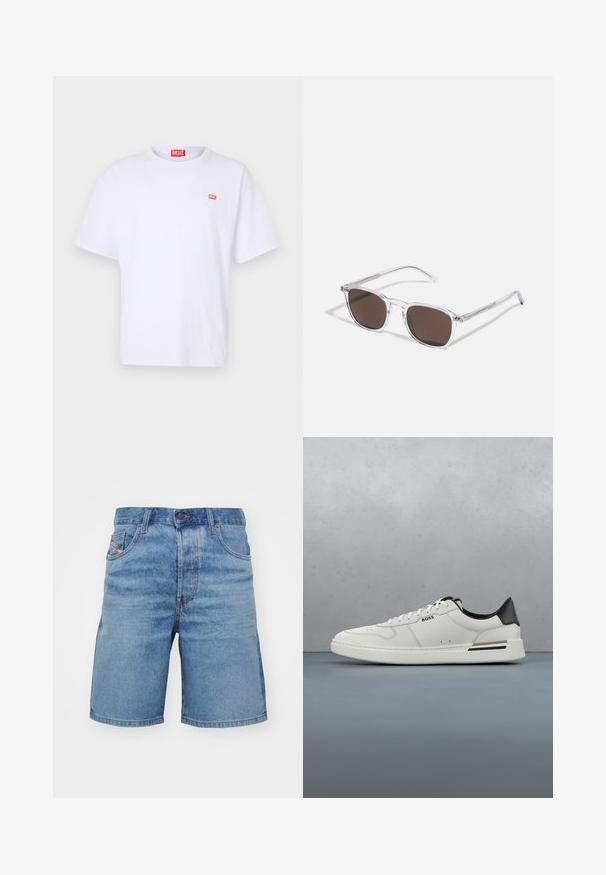 Camiseta de algodón blanca con mangas cortas, cuello redondo y un pequeño logo rectangular rojo de Diesel en el lado izquierdo del pecho.; Pantalones cortos de mezclilla azul claro con un corte clásico, ligero desvanecimiento, diseño de cinco bolsillos y costuras tono cobre. Presentan un cierre frontal con botón.; Zapatilla baja blanca con talón negro, cierre con cordones, perforaciones sutiles y el logo "BOSS" en el costado, mostrada desde el perfil exterior.; Gafas de sol de plástico transparente con lentes marrones rectangulares, que cuentan con finas varillas transparentes y acentos metálicos en las patillas.