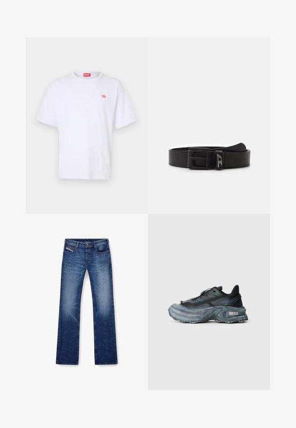 Camiseta de algodón blanca con mangas cortas, cuello redondo y un pequeño logo rectangular rojo de Diesel en el lado izquierdo del pecho.; Pantalones vaqueros de mezclilla azul con un diseño de pierna recta, cinco bolsillos y costuras tonales. La tela tiene una textura suave con un ligero desgastado.; Zapatilla Diesel en negro y gris con suela gruesa, cierre de cordón y diseño texturizado sobre un fondo liso de color gris claro.; Diesel DAVE - Cinturón - t8013