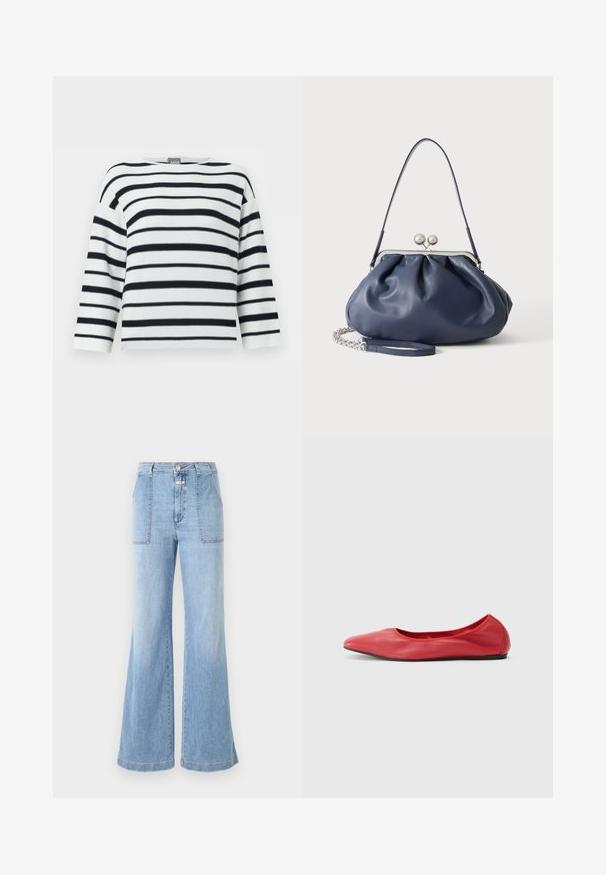 Hvid langærmet skjorte med sorte horisontale striber, rund halsudskæring og let bred pasform.; CLOSED ARIA - Flared jeans - light blue; Filippa K REY FLATS - Ballerinasko - bright red; Blød navyblå læderhåndtaske med sølv lukning, enkelt skulderrem og aftagelig kæde til håndleddet på hvid baggrund.