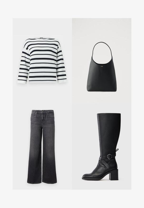 Hvid langærmet skjorte med sorte horisontale striber, rund halsudskæring og let bred pasform.; Bredde ben mørkegrå denimjeans med en subtil falmning, der har knaplukning, fem lommer og en lige kant ved anklen.; Sort læder støvle til midt på læggen med blokhæl og dekorativ strop med sølvfarvet spænde på en enkel lys baggrund.; Sort læderhåndtaske med enkelt buet håndtag, glat tekstur og et diskret logo foran. Minimalistisk design og rummeligt indre.