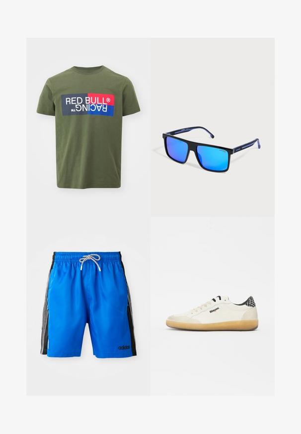 Oliven grøn bomuld t-shirt med et stort grafisk tryk med "RED BULL RACING" i hvid, rød, blå og sort. Korte ærmer og rund hals.; Blå svømmedragter med elastisk talje, hvid snøre og sorte sidelapper med tre hvide striber og Adidas-logo.; Hvide sneakers med en tekstureret overdel, sorte detaljer og en ternet hæl. Har en beige gummisål og snørelukning.; Sorte solbriller med refleksive blå rektangulære linser og det mærkede Carrera-logo på glasset og stængerne.
