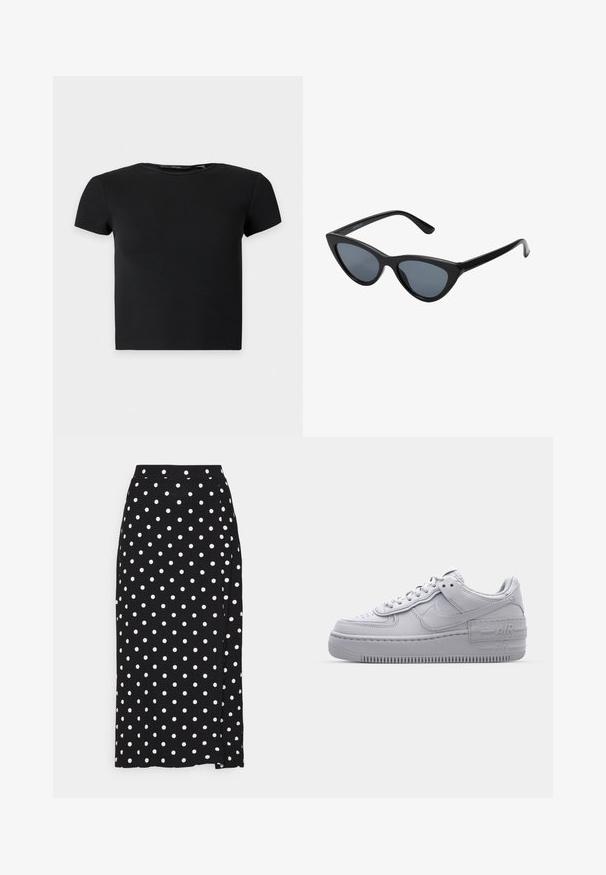 Top court noir à manches courtes en côte avec un col rond, présenté sur un fond clair uni.; Jupe noire à pois blancs, faite en tissu doux. Elle présente une coupe droite et une fente en bas pour plus de liberté de mouvement.; Basket en cuir lisse gris Nike Air Force 1 avec un bout perforé, une semelle épaisse et un détail 'AIR' en relief sur le talon.; Lunettes de soleil noires en forme d'œil de chat avec des verres gris foncé, monture en plastique élégante, coins pointus et branches droites. Pas de métal visible ni d'accents.