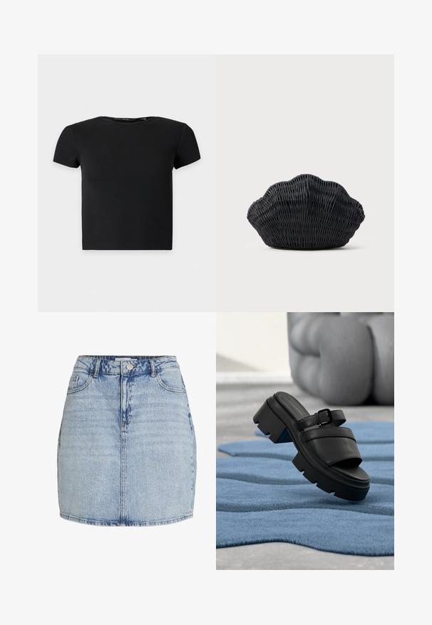 Schwarzes kurzärmeliges, geripptes Croptop mit rundem Ausschnitt, auf einfarbig hellem Hintergrund dargestellt.; Hellblaue Jeans-Minirock mit vorderem Knopf- und Reißverschluss, Gürtelschlaufen und vorderen Taschen.; Schwarzer Sandale mit klobigem Absatz und Schnallenriemen schwebt über einem strukturierten blauen Teppich, im Hintergrund verschwommene gebeugte Beine.; Schwarze Korbtasche in Muschelform mit gebogenem Oberteil und gewebter Textur auf einfarbigem Hintergrund.