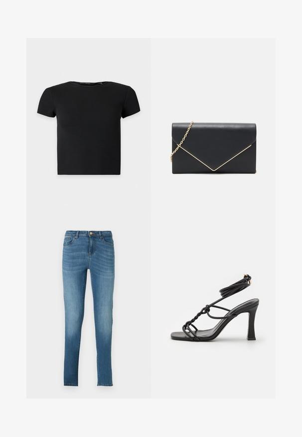 Must lühikeste varrukatega soonikkoes crop top ümarate kaelustega, esitatud lihtsal heledal taustal.; Kitsad teksad heledast sinisest denimist, millel on kulunud efekt, viis taskut, metallne nööbid ja peened õmbluse detailid. Sirged säärtega.; DeeZee Kõrge kontsaga sandaalid - black; Must mustra klamber mustra mustra kulla mustra osa koos kuldse kettiga. Omab struktureeritud ümbriku disaini, millel on diagonaalne kuldne aktsent lukustuse juures.