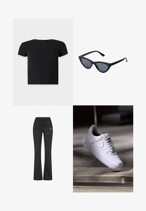 Sort kortærmet ribbet crop top med rund halsudskæring, vist på en ensfarvet lys baggrund.; Sorte udringede bukser med en samlet talje, lavet af blødt, strækbart stof. Har et lille hvidt logo på venstre side.; Hvid Nike Air Force 1 sneaker svævende over en betonoverflade med skygger i et minimalistisk miljø.; Sorte katteøje solbriller med mørkegrå linser, slankt plastisk stel, spidse hjørner og lige stænger. Ingen synlig hardware eller dekorationer.