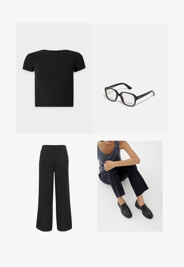 Sort kortærmet ribbet crop top med rund halsudskæring, vist på en ensfarvet lys baggrund.; Culture CUNAVI CLARINA - Bukser - black; Sorte læderloafers med teksturerede detaljer, lav hæl, rund tå og synlige syninger. Modellen bærer mørke bukser og en grå top.; Sorte rektangulære briller med klare linser, der har afrundede kanter og sideaccenter, med en blank finish på stellet og arme.