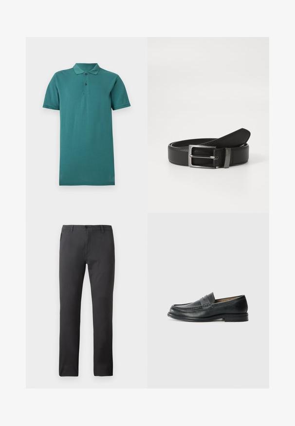 Kortærmet polo i blågrøn med to sorte knapper og ribbet krave på en lys grå baggrund.; Sorte bukser lavet af glat stof, med lige ben design, frontlommer og knaplukning. Minimalistisk og alsidig stil.; Sorte læder loafers med et klassisk design, der har en syet detalje ved tåen og en lav, tekstureret gummisål.; Sort læderbælte med en sølvmetal spænde, der har en glat overflade og et klassisk design. Bæltet er pænt foldet.
