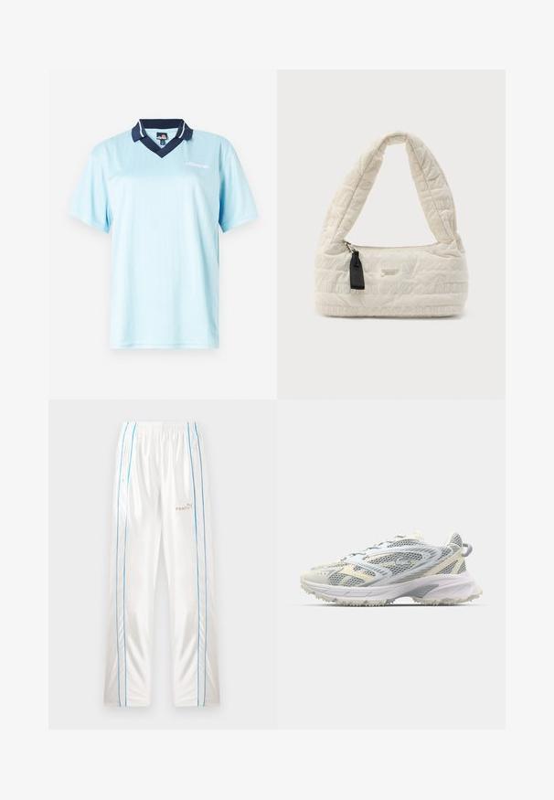 Polo bleu clair à manches courtes avec un col navy. Rayures verticales et logo en accent à l'avant. Tissu lisse et léger.; Pantalons de survêtement blancs avec une taille élastique, des passepoils bleus sur les côtés, des poches zippées et les logos beige "Fenty" et Puma sur la jambe droite avant.; Chaussure de sport en mesh gris et crème, avec une tige texturée, un embout renforcé et une semelle extérieure robuste de couleur claire pour une bonne adhérence.; Sac à main crème matelassé avec une poignée courbe, une fermeture éclair et une quincaillerie noire contrastante. Présente un logo embossé sur toute la surface.