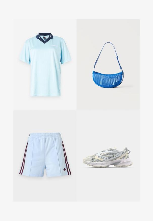 Hellblauses Polo-Shirt mit kurzen Ärmeln und einem Marinekragen. Vertikale Nadelstreifen und Logo-Akzent auf der Vorderseite. Glattes, leichtes Material.; Hellblaue Sportshorts mit elastischem Bund, dreistreifigen Akzenten in Weinrot an der Seite und kleinem maroonfarbenem Adidas-Logo am linken Bein.; Mesh-Sportschuh in Grau und Creme, mit strukturiertem Obermaterial, verstärkter Spitze und einer hellen, robusten Laufsohle für besseren Halt.; Blaue Schultertasche aus Netz mit verstellbarem Träger und Reißverschluss, vor einem schlichten weißen Hintergrund dargestellt.
