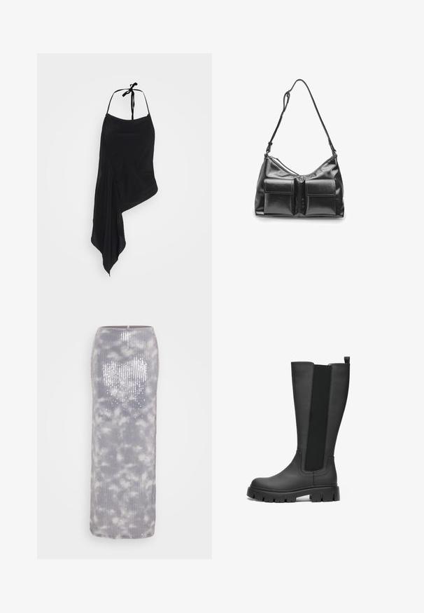 Weekday DRAPE - Top - black; Lang, grå palietteret nederdel med et struktureret ribbet design og et blødt, sky-lignende mønster. Har en lige silhuet og en lynlåslukke på bagsiden.; Sorte gummistøvler i knæhøjde med en glat overflade, elastiske sidestykker og robuste, tykke såler for ekstra greb og stabilitet.; Sort syntetisk lædertaske med to frontlommer, en buet form, justerbar rem og lynlåslukning. Glat tekstur med hvid syning.