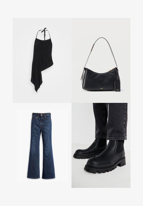 Weekday DRAPE - Top - black; Džíny z tmavomodrého denimu s vysokým pásom, rozšírenými nohavicami, predným zapínaním na gombík a zips a dizajnom s piatimi vreckami.; Čierne členkové čižmy s masívnou podrážkou, vyrobené z hladkej kože, s elastickými bočnými panelmi a blokovým opätkom, skombinované s tmavými džínsami.; Čierna kožená kabelka na rameno so zlatým zipsom, nastaviteľným popruhom a pripevnenou značkovou menovkou s nápisom "ALDO EST. 1972."