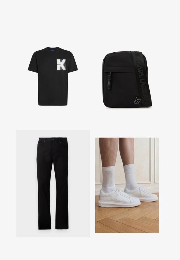 Sort bomuld t-shirt med rund halsudskæring og korte ærmer. Har en hvid grafik på brystet med et stiliseret "K" og tekst.; Sorte straight-leg jeans lavet af denim, med lukning foran med knap, to sidelommer og en glat overflade.; Ben iført hvide ribstrikkede crew-sokker og hvide Karl Lagerfeld sneakers stående på lyst trægulv.; Sort crossbody taske med forreste lynlåslomme, tykk rem præget med "KARL LAGERFELD" og metal logo detalje i nederste hjørne.