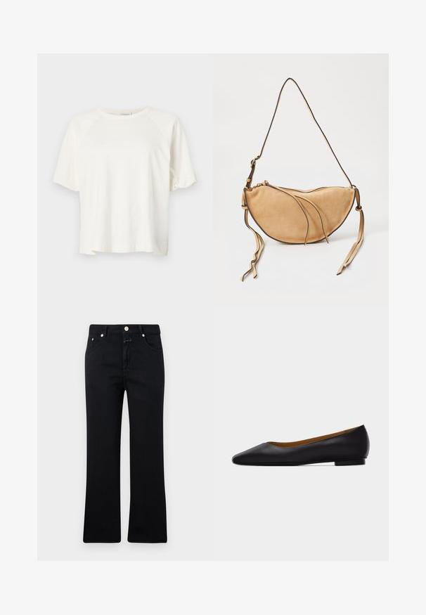 CLOSED WIDE SLEEVE - T-Shirt basic - ivory; Schwarze Jeans mit geradem Bein, im Fünf-Taschen-Stil, mit Metallbeschlägen und einer weichen Denim-Textur. Minimalistisch und einheitlich in der Farbe.; Schwarzer flacher Schuh aus Leder mit spitz zulaufender Vorderkappe, niedrigem Absatz und glatter Oberfläche, von der Seite vor einem hellgrauen Hintergrund dargestellt.; Tasche aus tanfarbigem Wildleder in halbmondförmigem Design, mit drei strukturierten Klappen und verstellbarem Lederriemen. Mit einem goldenen Reißverschluss geschlossen.
