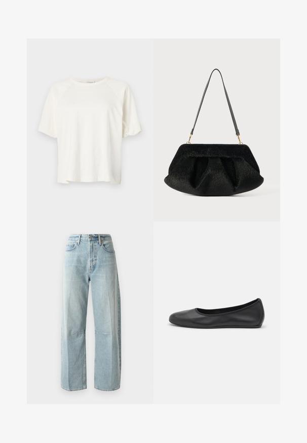 CLOSED WIDE SLEEVE - T-shirts basic - ivory; Lyseblå vide jeans lavet af denim. Har en høj talje, to forlommer og en lige benlængde med let fading i stoffet.; Sort læderballetsko med rund tå, glat tekstur, minimal syning og et fleksibelt såldesign.; Sort tekstureret håndtaske med en blød, syntetisk pelsfinish. Har et samlet design, flad bund og en slank, justerbar læderrem. Guldhardware-accenter.