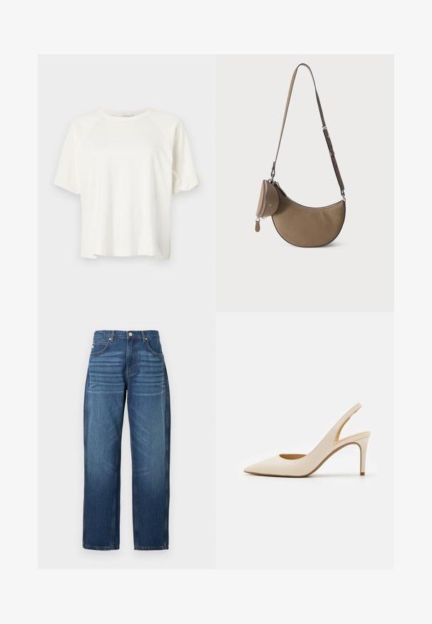 CLOSED WIDE SLEEVE - Lihtne T-särk - ivory; Tumedast sinistest denimist teksad, sirge jala disainiga, viis taskut ning vaskse õmbluse detailid. Sile tekstuur koos kerge kulumisega kangal.; Beežid nahast slingback-klamid terava ninaga ja õhukese kõrge kontsaga. Omavad kannaosas lõiget ja siidist viimistlust.; Pruun poolkuu kujuga nahast õlakott reguleeritava rihmaga ja kinnitatud väike ümmargune tõmblukuga tasku.